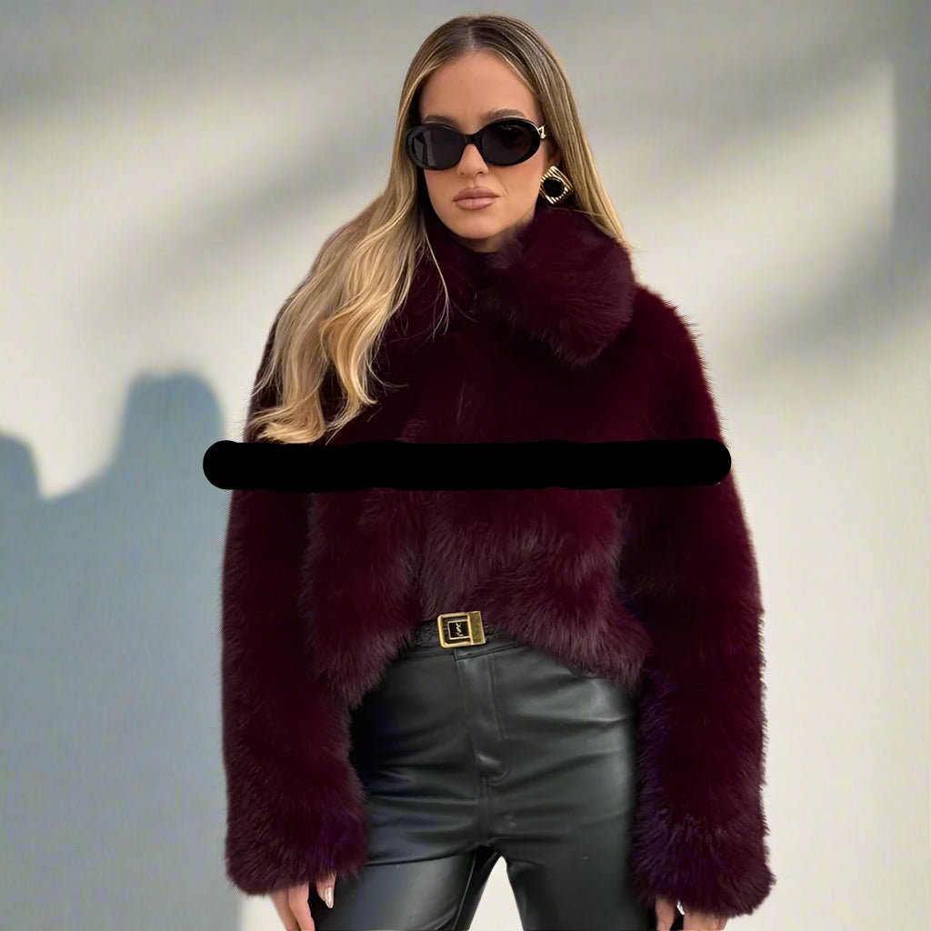 Burgundy and chocolate faux fur cropped fur jacket fall top - GoSobiShop Boutique