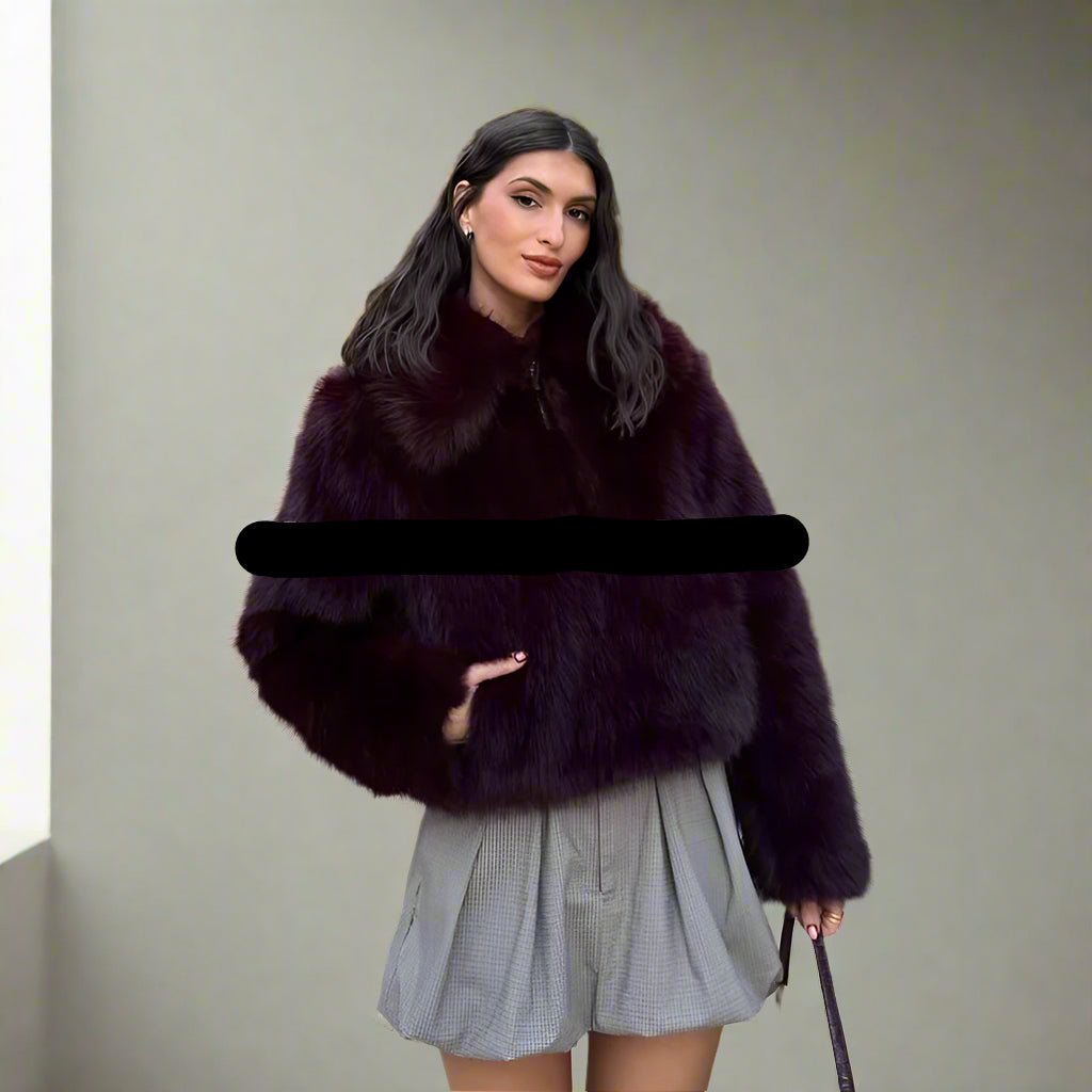 Burgundy and chocolate faux fur cropped fur jacket fall top - GoSobiShop Boutique