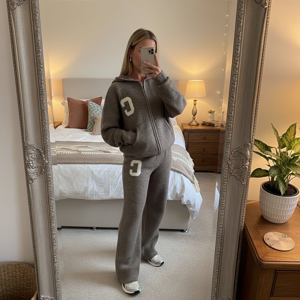 C - Tracksuit wool knit zipper hoodie knit wool sweatpants fall tops - GoSobiShop Boutique