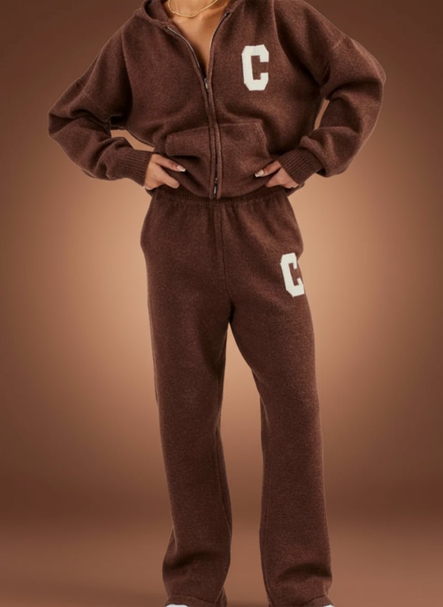 C - Tracksuit wool knit zipper hoodie knit wool sweatpants fall tops - GoSobiShop Boutique