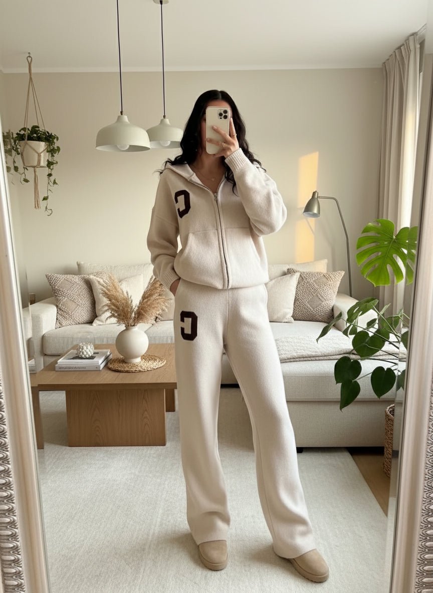 C - Tracksuit wool knit zipper hoodie knit wool sweatpants fall tops - GoSobiShop Boutique