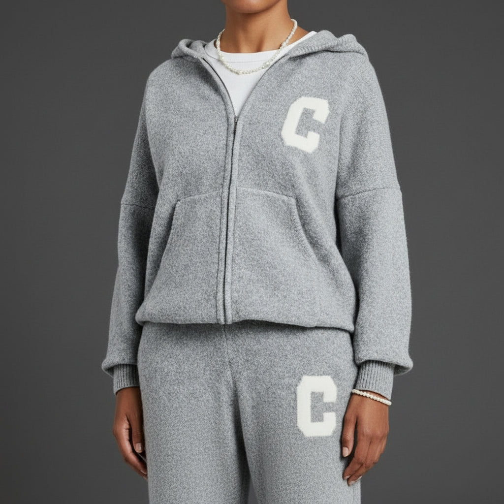 C - Tracksuit wool knit zipper hoodie knit wool sweatpants fall tops - GoSobiShop Boutique