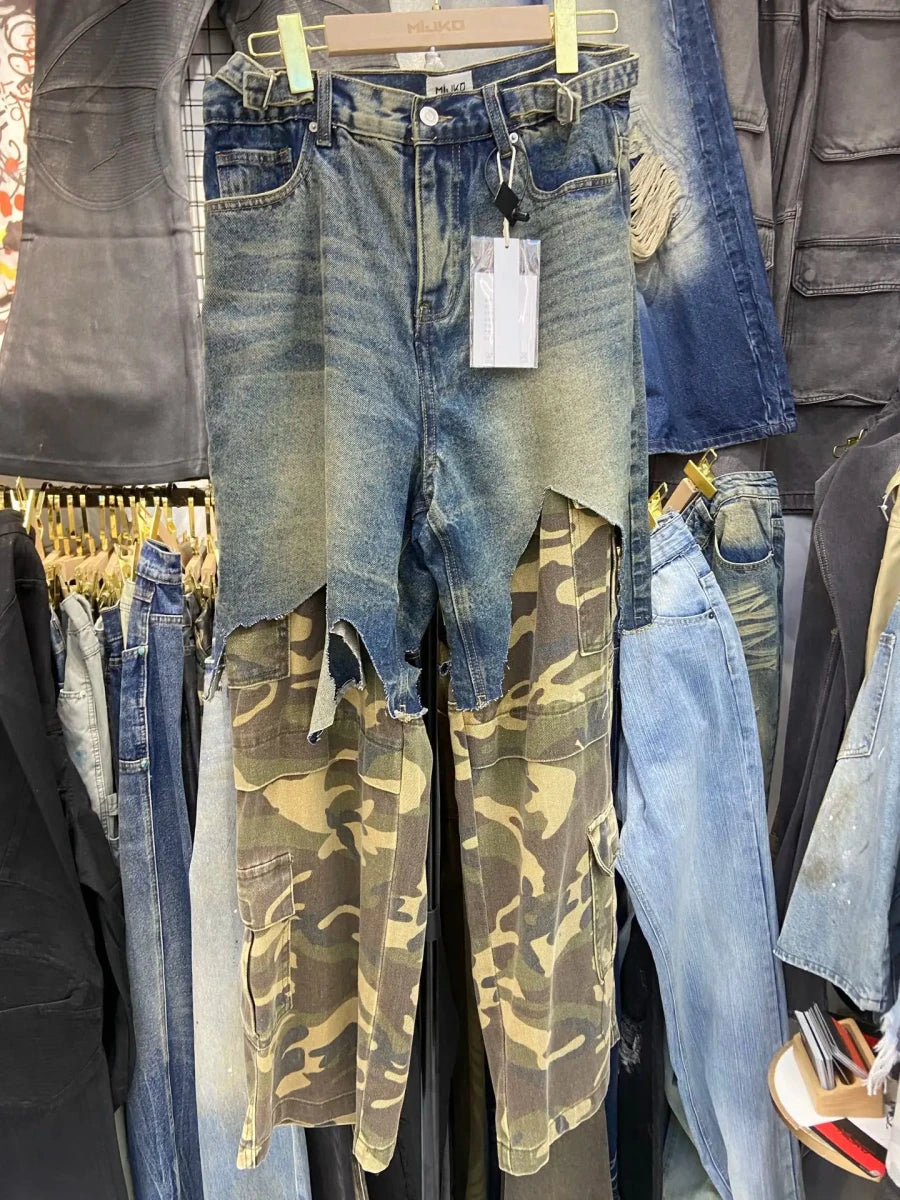 Camo Jeans Ripped Spliced Jeans wide jeans baggy jeans - GoSobiShop Boutique