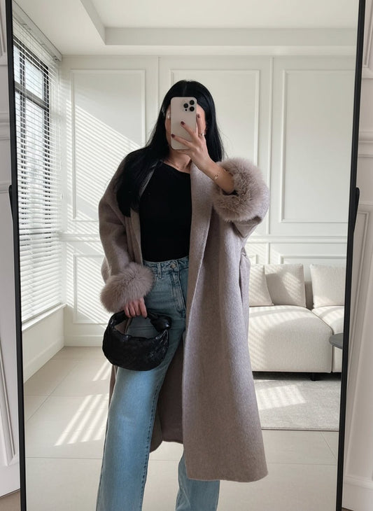 Cashmere overcoat belted fur long coat. - GoSobiShop Boutique