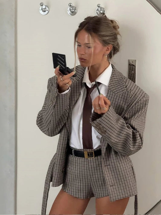 Checked houndstooth suit jacket and shorts set. - GoSobiShop Boutique