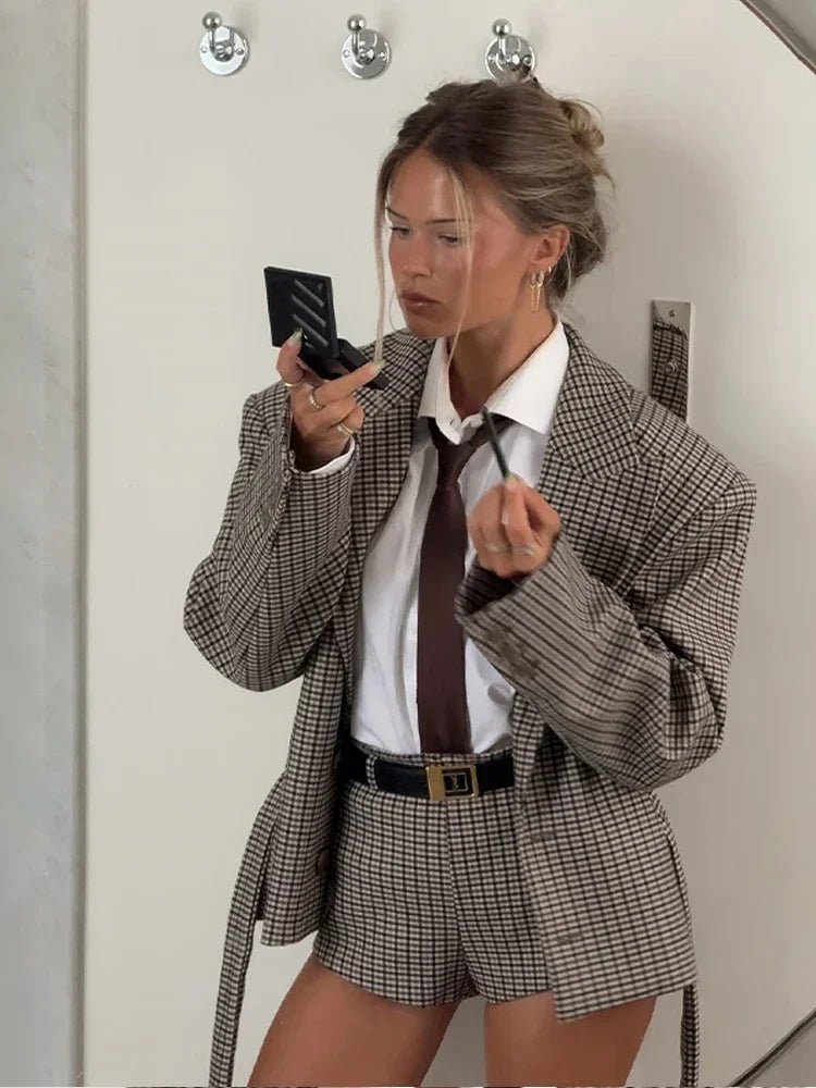 Checked houndstooth suit jacket and shorts set. - GoSobiShop Boutique