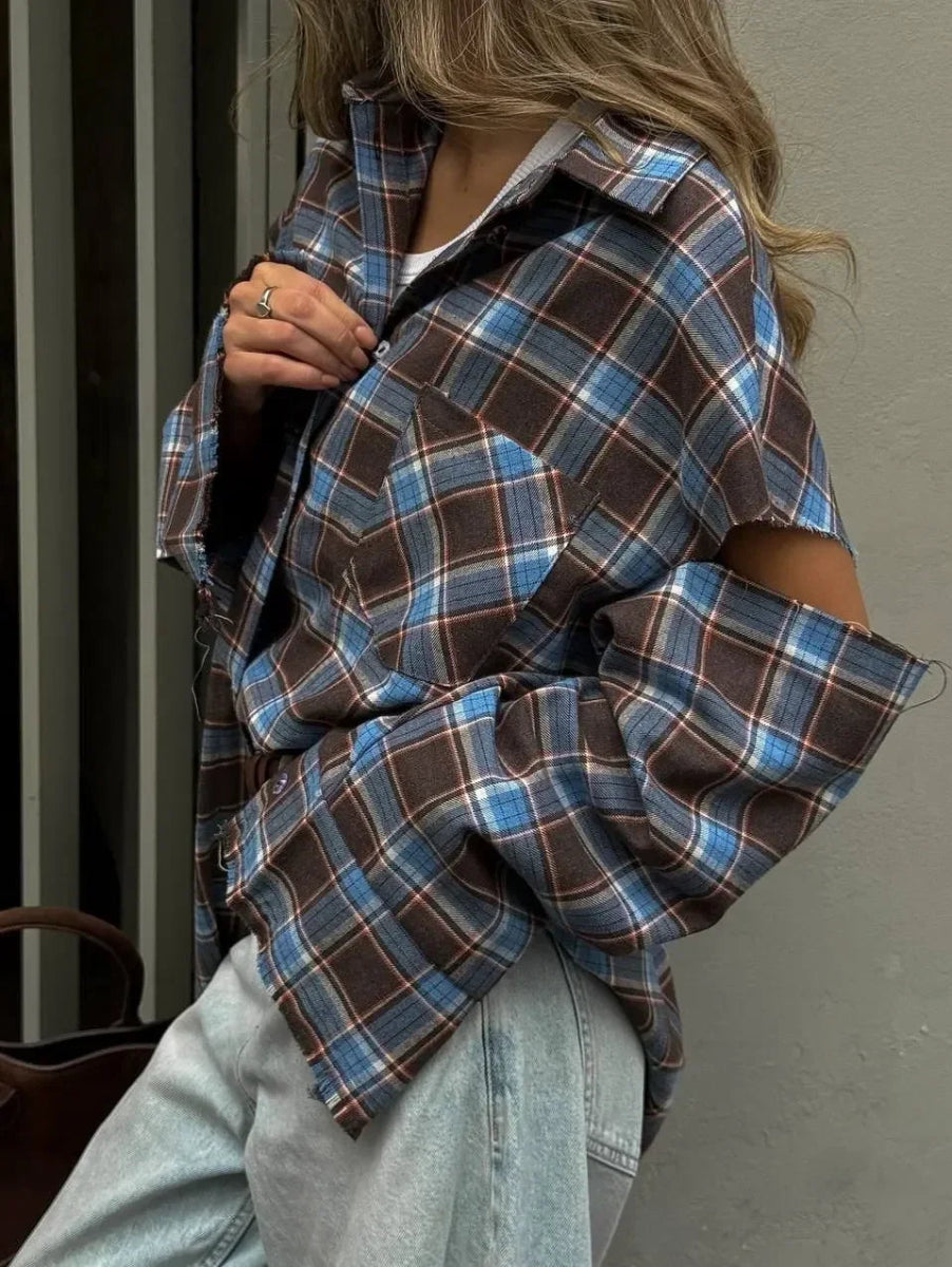 Checkered flannel sleeve cut shirt. - GoSobiShop Boutique