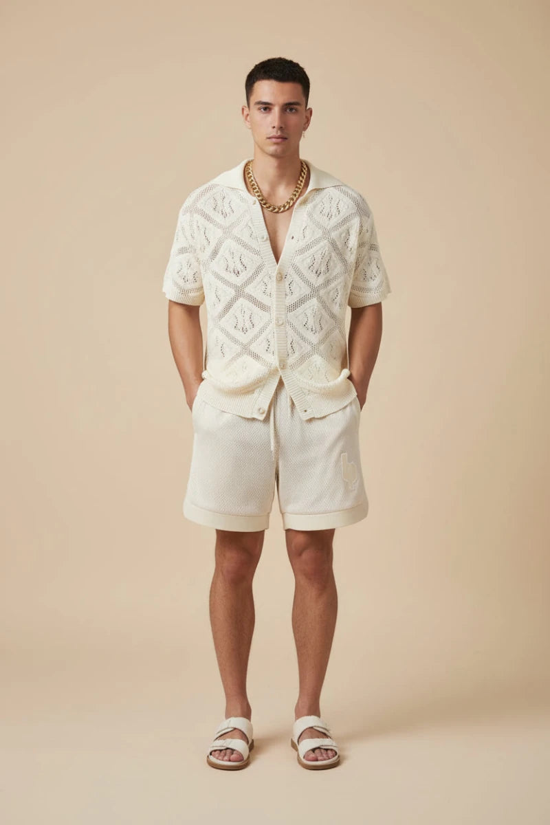 Crochet style short sleeve button-up shirt with a diamond pattern design. - GoSobiShop Boutique