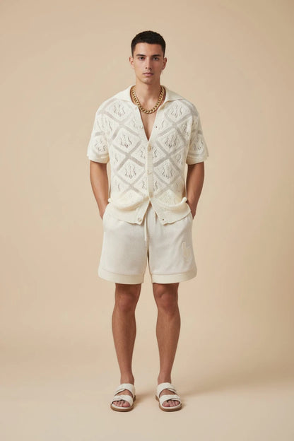 Crochet style short sleeve button-up shirt with a diamond pattern design. - GoSobiShop Boutique