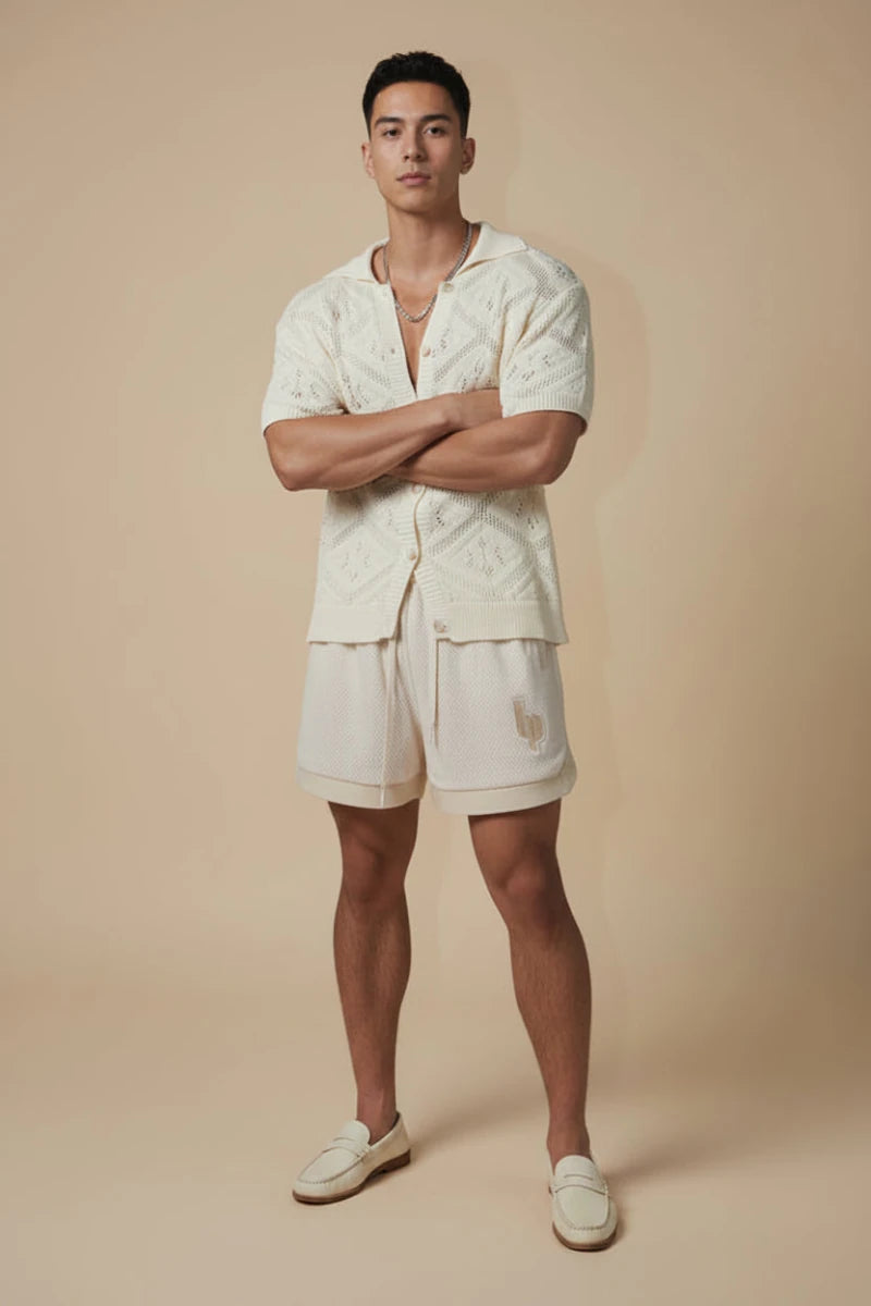 Crochet style short sleeve button-up shirt with a diamond pattern design. - GoSobiShop Boutique