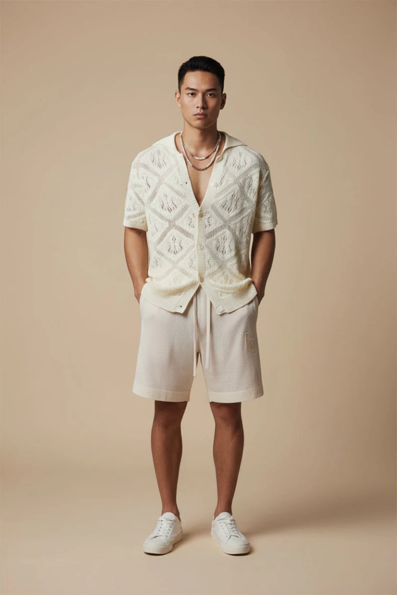 Crochet style short sleeve button-up shirt with a diamond pattern design. - GoSobiShop Boutique