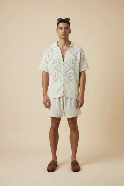 Crochet style short sleeve button-up shirt with a diamond pattern design. - GoSobiShop Boutique
