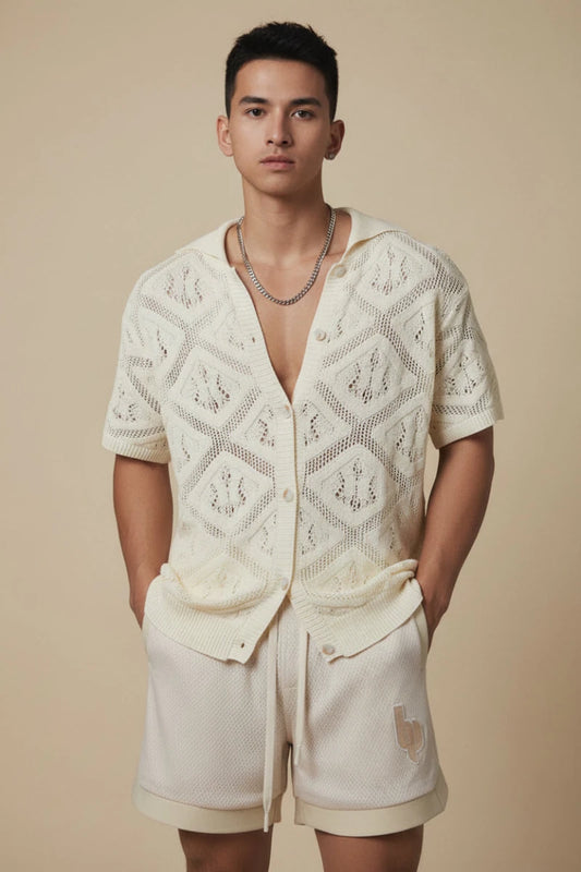 Crochet style short sleeve button-up shirt with a diamond pattern design. - GoSobiShop Boutique