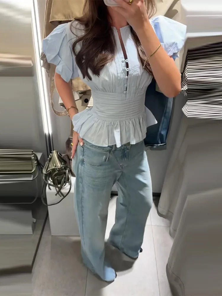 Cute Sky blue ruffled blouse. - GoSobiShop Boutique