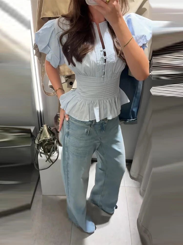Cute Sky blue ruffled blouse. - GoSobiShop Boutique