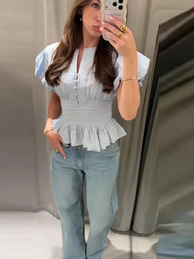 Cute Sky blue ruffled blouse. - GoSobiShop Boutique