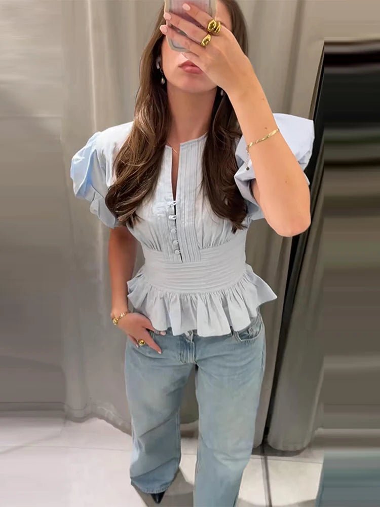 Cute Sky blue ruffled blouse. - GoSobiShop Boutique