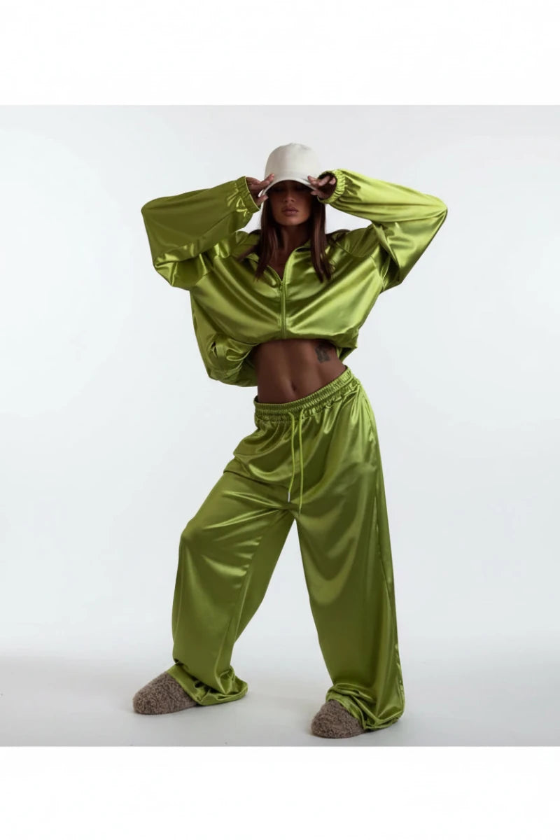 Dansa satin loose long sleeve crop top and wide leg trousers two-piece set streetwear. - GoSobiShop Boutique