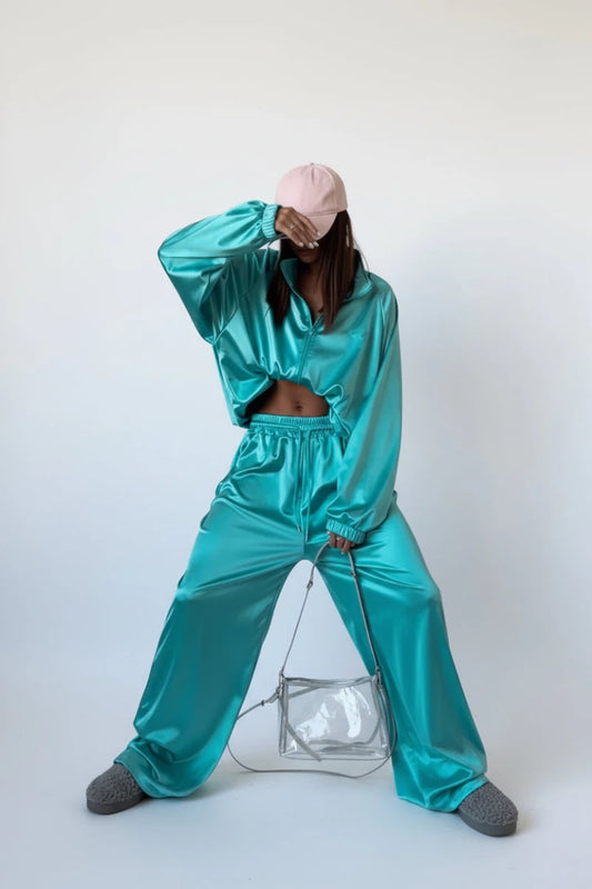 Dansa satin loose long sleeve crop top and wide leg trousers two-piece set streetwear. - GoSobiShop Boutique