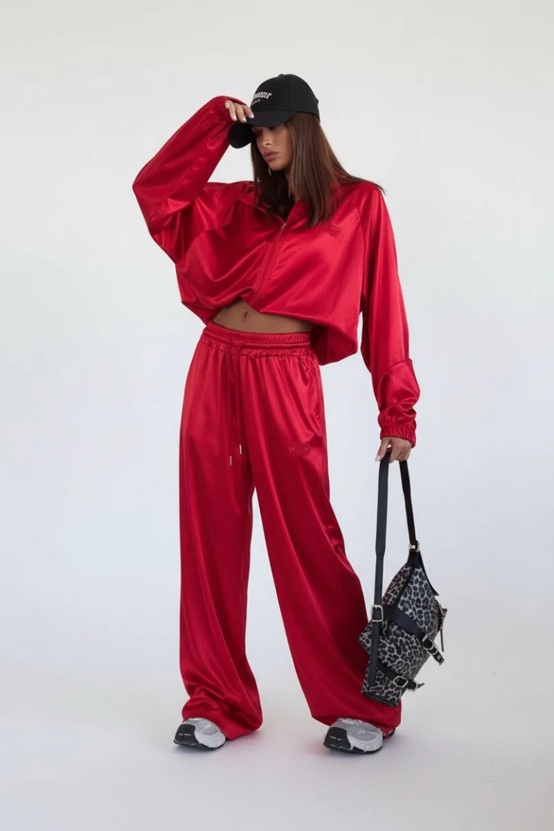 Dansa satin loose long sleeve crop top and wide leg trousers two-piece set streetwear. - GoSobiShop Boutique