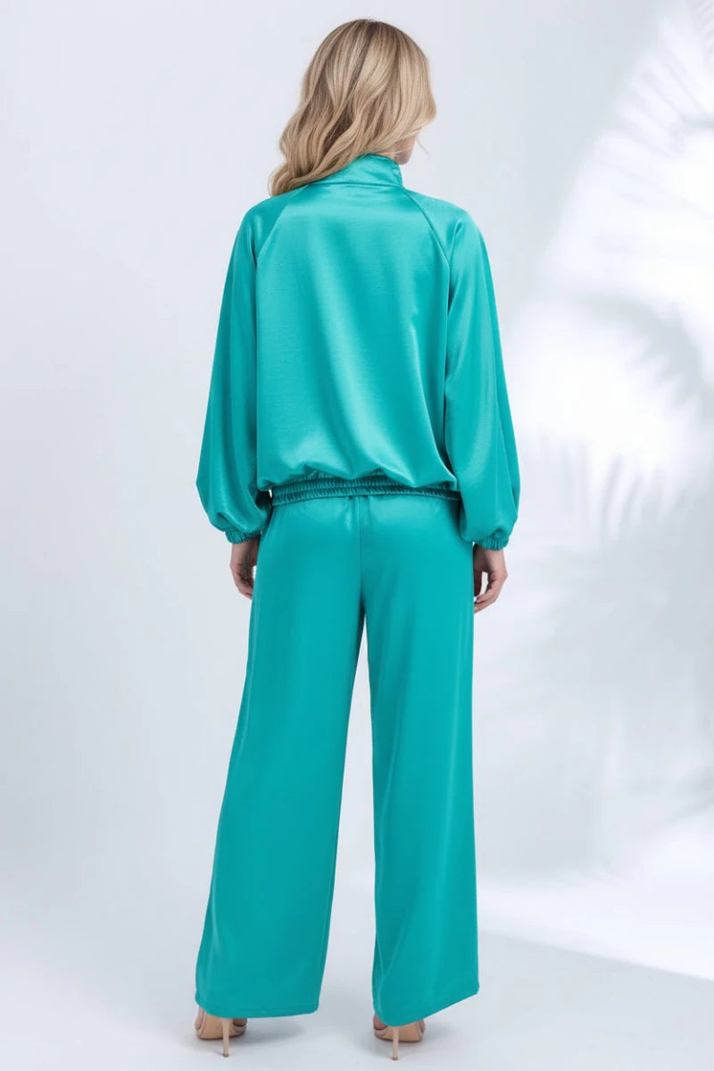 Dansa satin loose long sleeve crop top and wide leg trousers two-piece set streetwear. - GoSobiShop Boutique