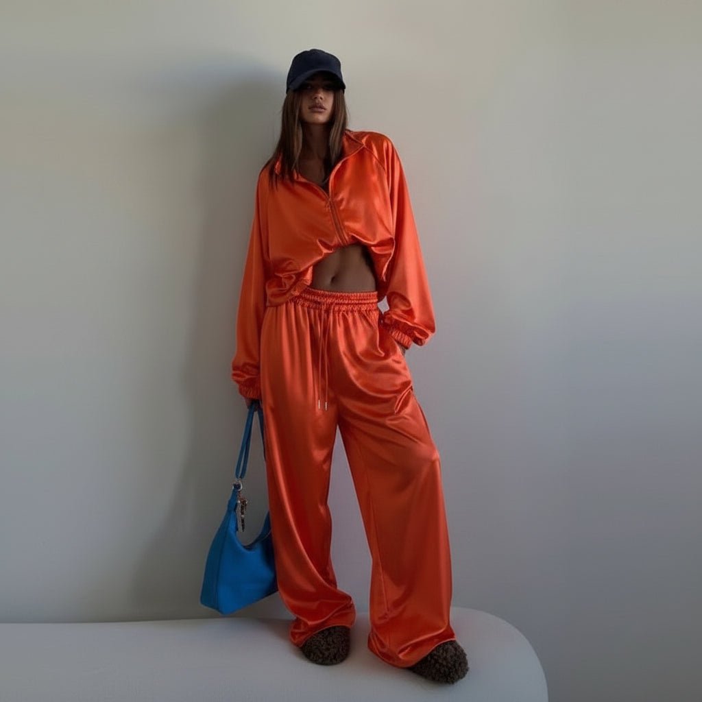 Dansa satin loose long sleeve crop top and wide leg trousers two-piece set streetwear. - GoSobiShop Boutique