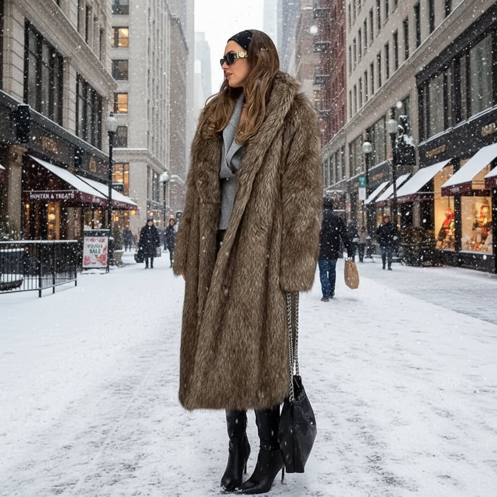 Dark brown long faux fur trench coat fall tops - GoSobiShop Boutique