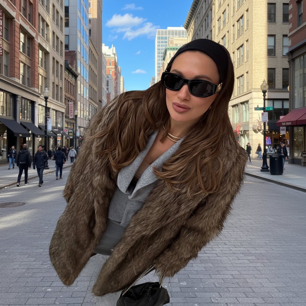 Dark brown long faux fur trench coat fall tops - GoSobiShop Boutique