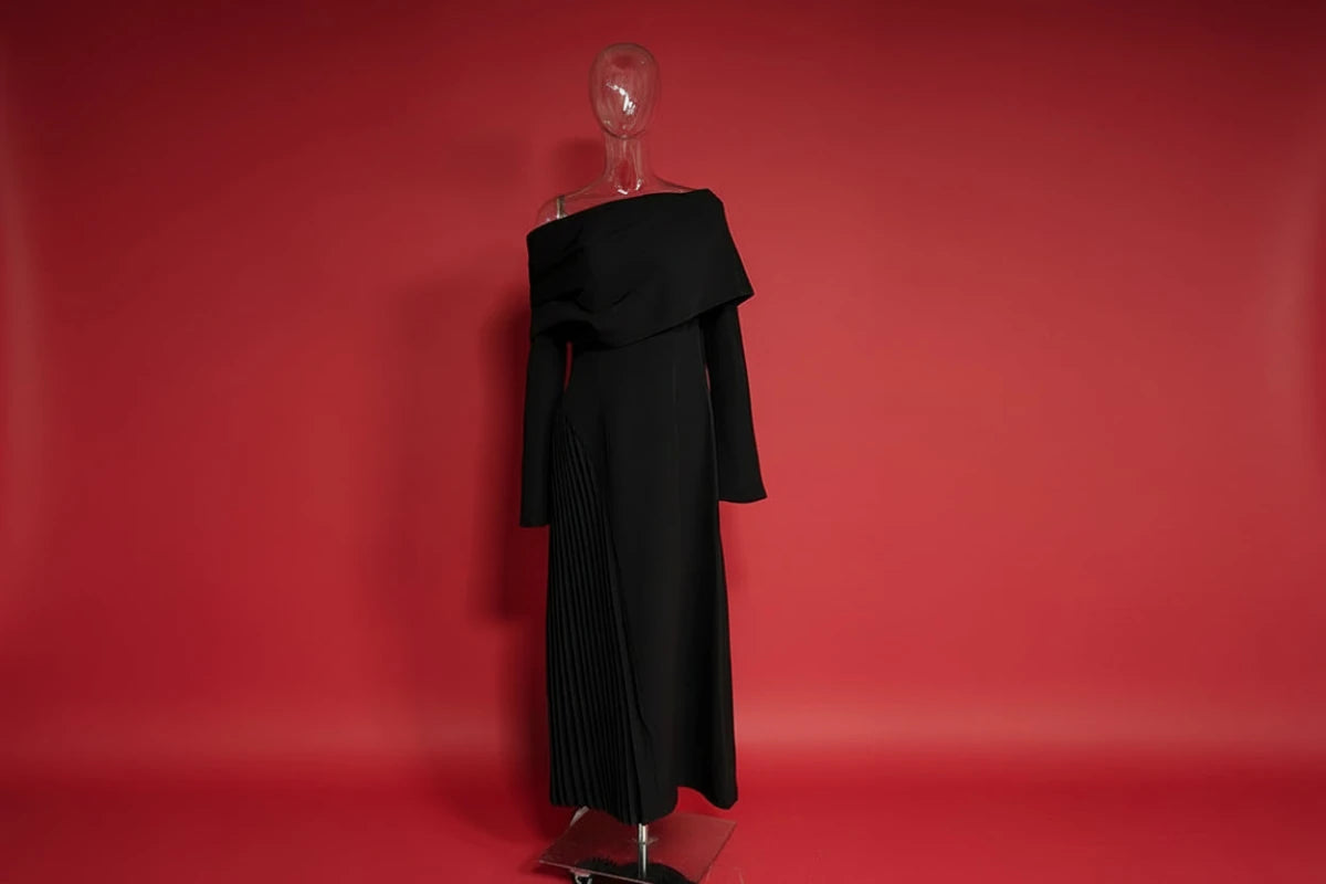 long sleeve designer maxi dress Designer long sleeve open shoulders pleated maxi dress. – GoSobiShop  Boutique