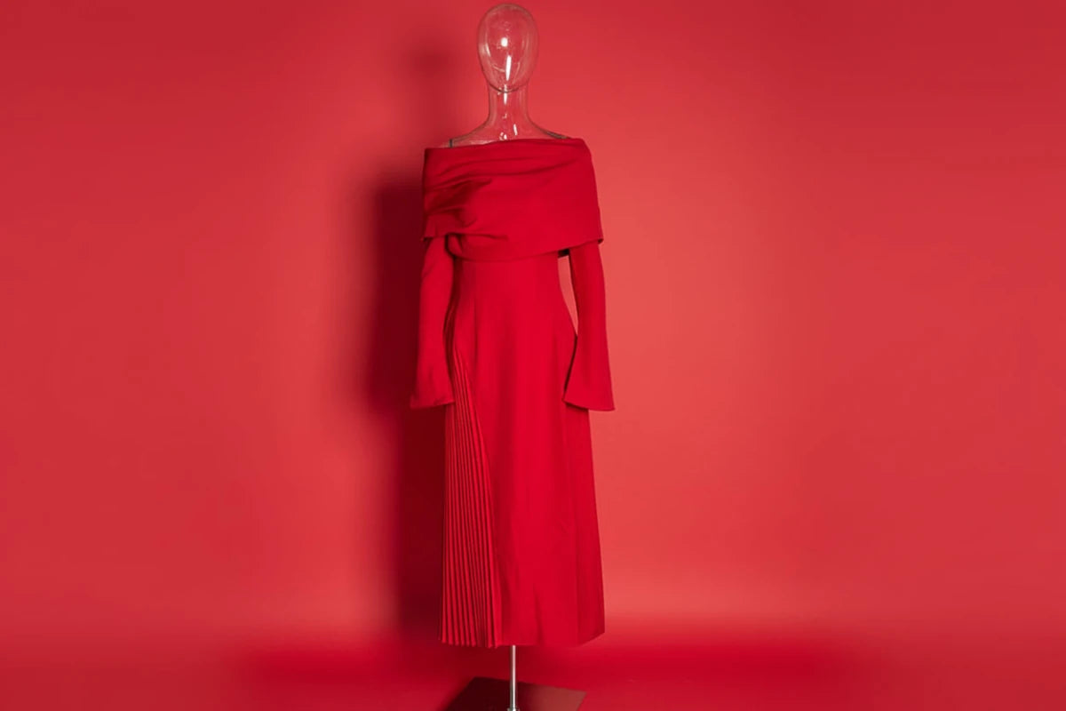 Designer long sleeve open shoulders pleated maxi dress. - GoSobiShop Boutique