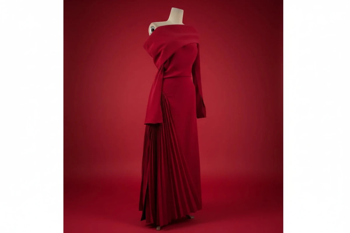 Designer long sleeve open shoulders pleated maxi dress. - GoSobiShop Boutique