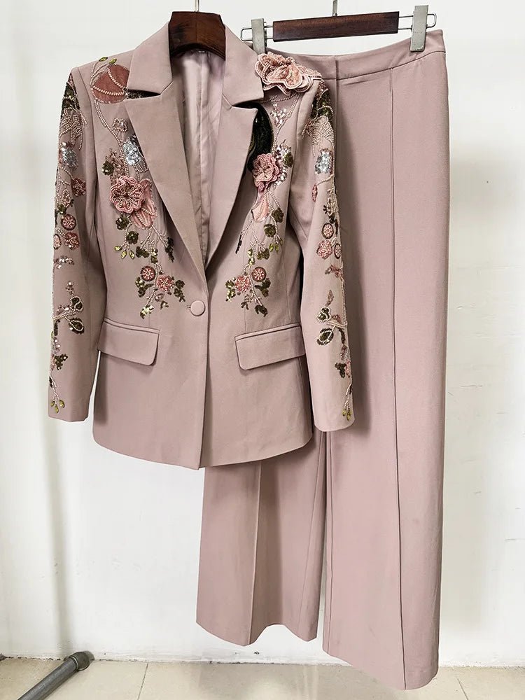 Designer Runway 3D Flowers Blazer flare trousers set. - GoSobiShop Boutique