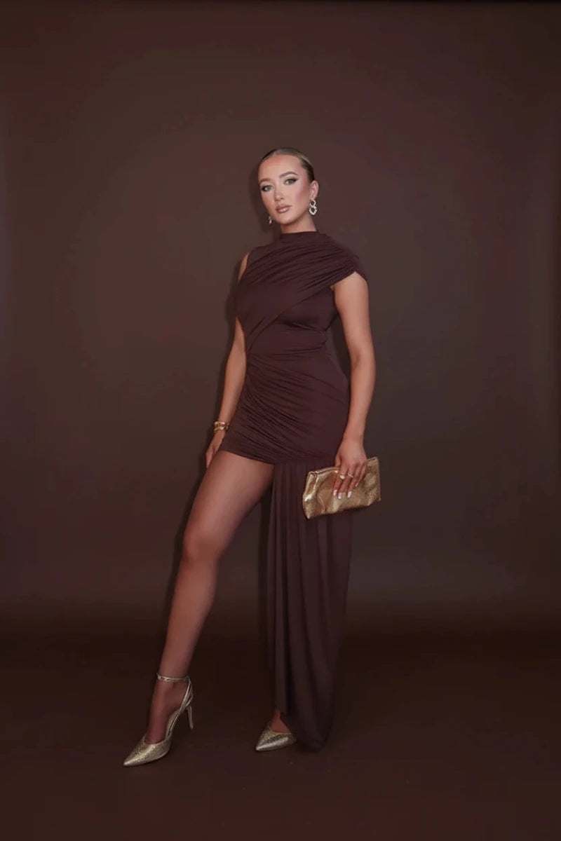 Draped Aryella chocolate mini dress - GoSobiShop Boutique