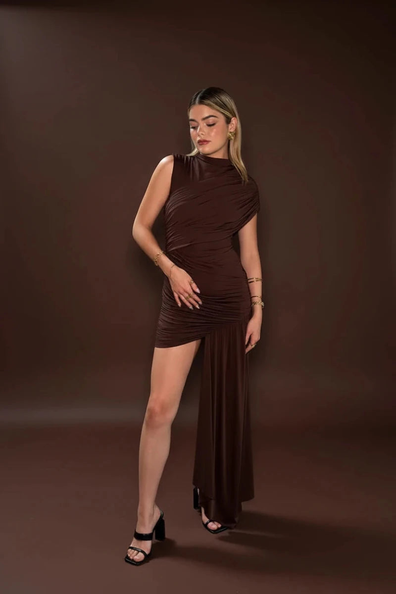 Draped Aryella chocolate mini dress - GoSobiShop Boutique