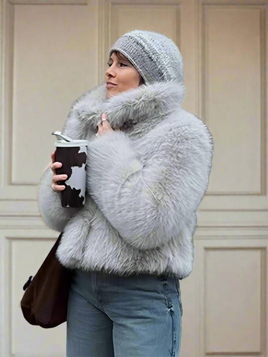 Elegant Gray Fluffy Faux Fur Coat Fall coat - GoSobiShop Boutique