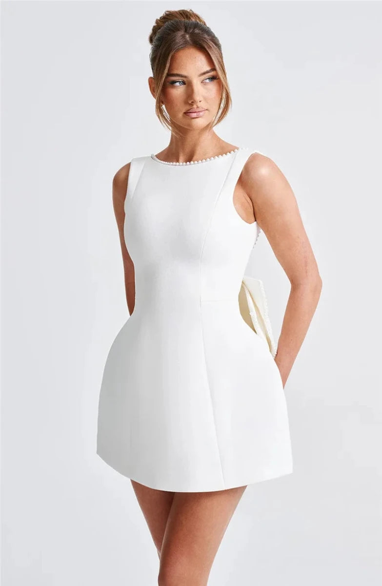 Elegant Pearly Back Bow Backless Sexy sleeveless Mini Dress - GoSobiShop Boutique