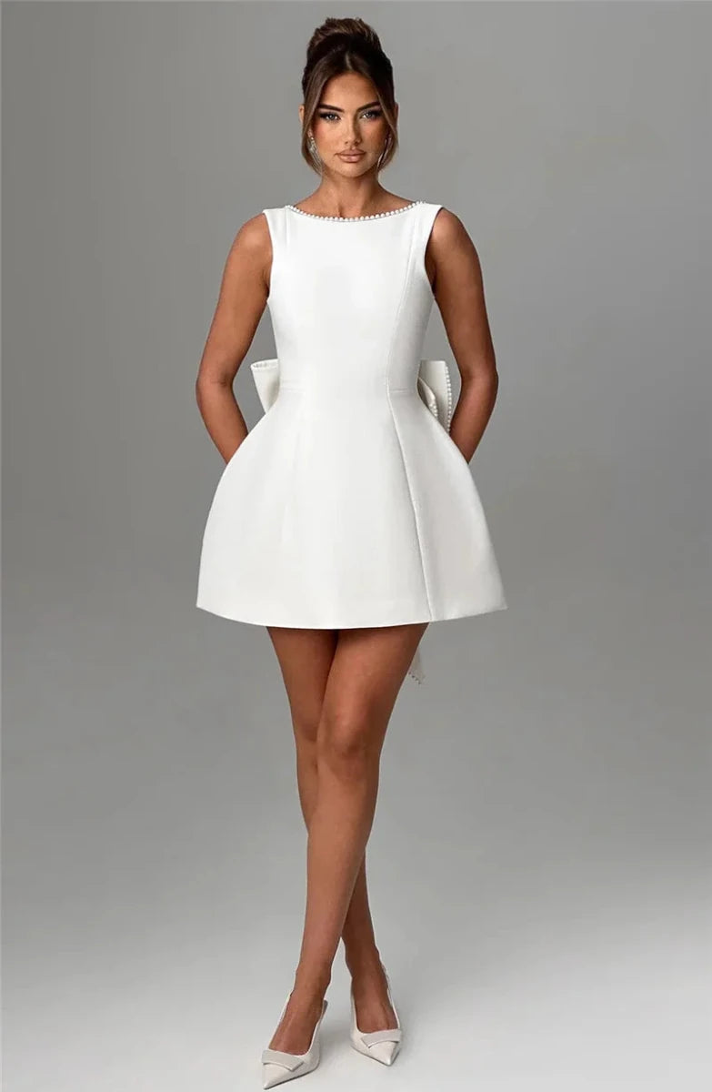 Elegant Pearly Back Bow Backless Sexy sleeveless Mini Dress - GoSobiShop Boutique