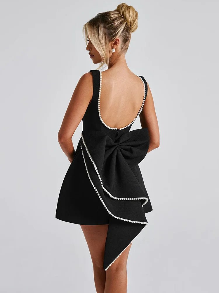 Elegant Pearly Back Bow Backless Sexy sleeveless Mini Dress - GoSobiShop Boutique