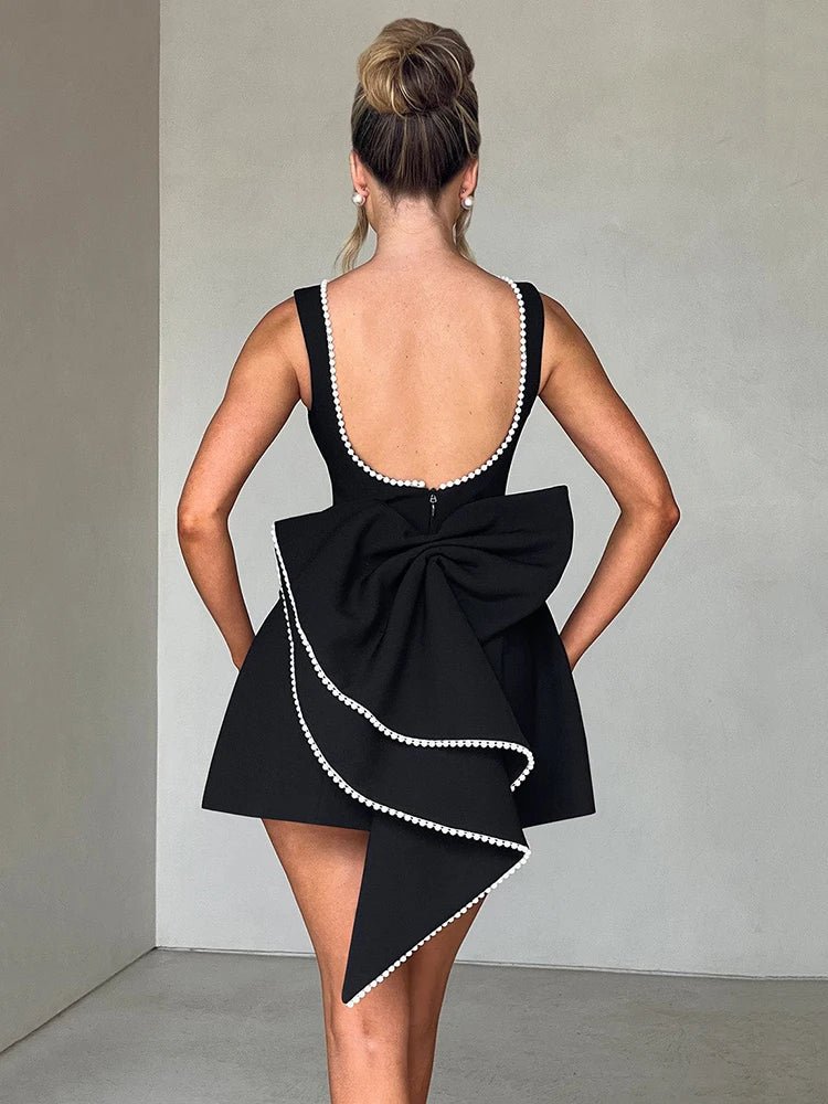 Elegant Pearly Back Bow Backless Sexy sleeveless Mini Dress - GoSobiShop Boutique