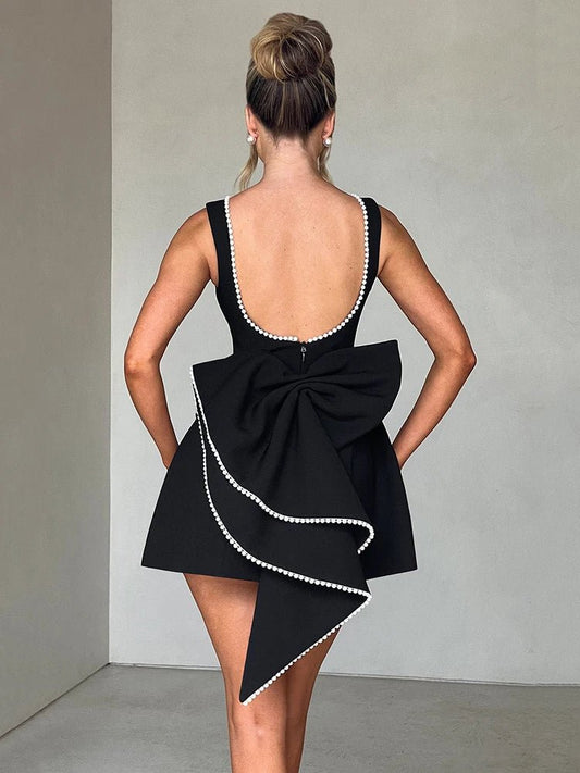 Elegant Pearly Back Bow Backless Sexy sleeveless Mini Dress - GoSobiShop Boutique