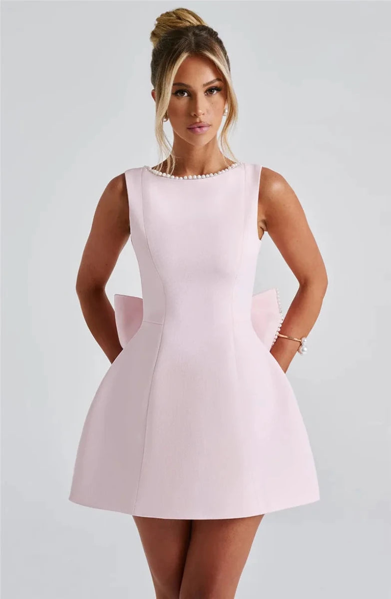 Elegant Pearly Back Bow Backless Sexy sleeveless Mini Dress - GoSobiShop Boutique