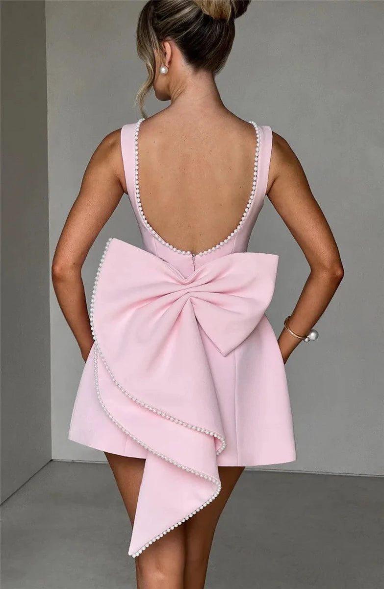 Elegant Pearly Back Bow Backless Sexy sleeveless Mini Dress - GoSobiShop Boutique