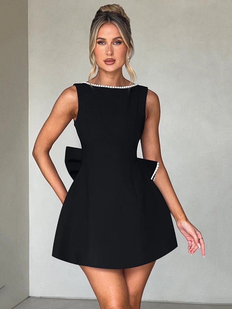 Elegant Pearly Back Bow Backless Sexy sleeveless Mini Dress - GoSobiShop Boutique