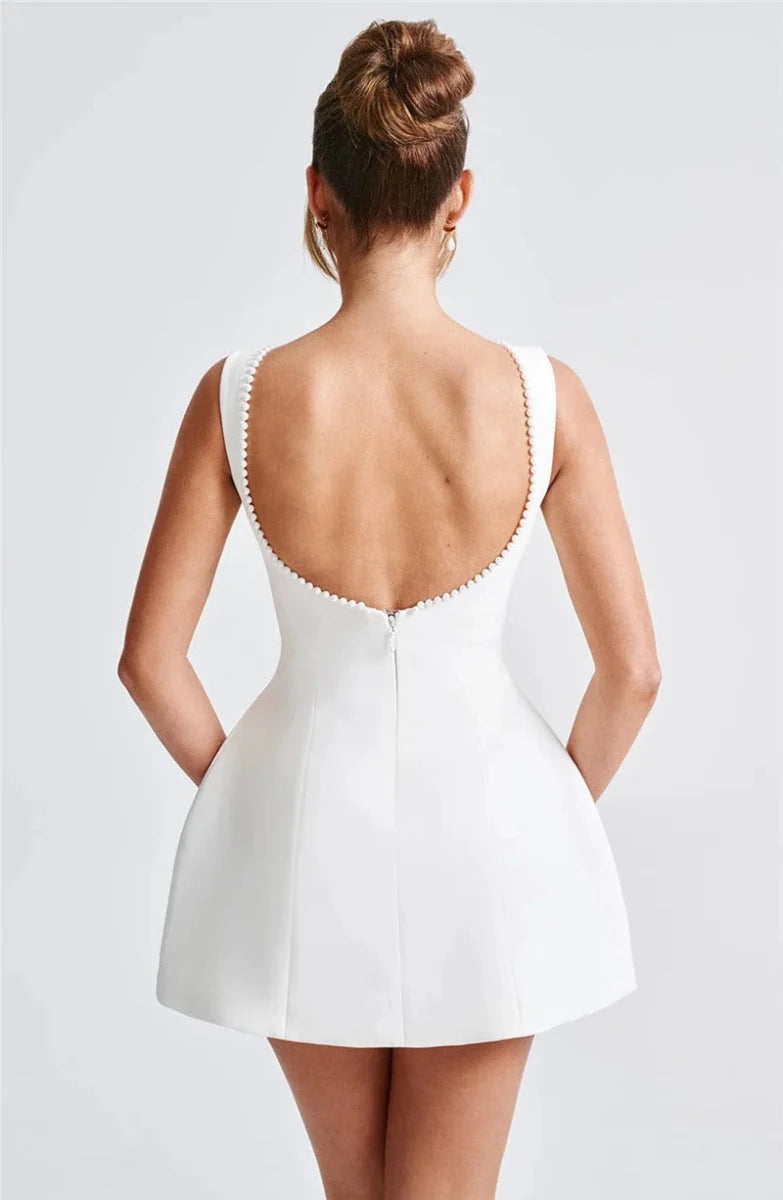 Elegant Pearly Back Bow Backless Sexy sleeveless Mini Dress - GoSobiShop Boutique