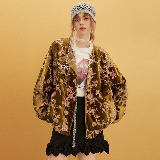 Elegant retro floral Velvet Short Jacket Gold top. - GoSobiShop Boutique