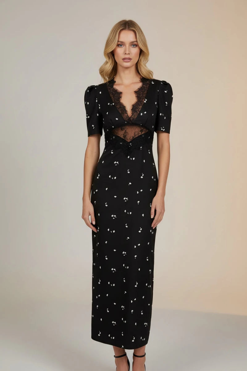 Ella cocktail dress with sheer lace panels and modern silhouette. - GoSobiShop Boutique