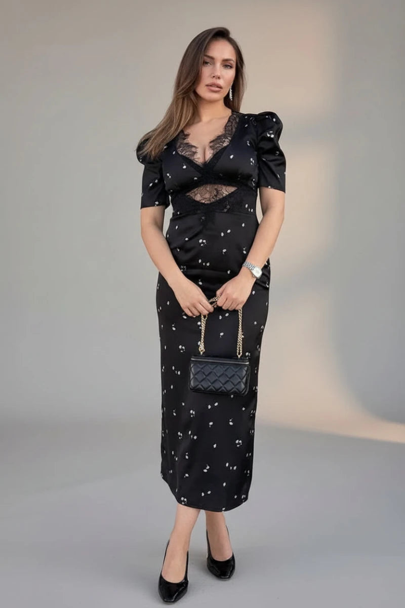 Ella cocktail dress with sheer lace panels and modern silhouette. - GoSobiShop Boutique