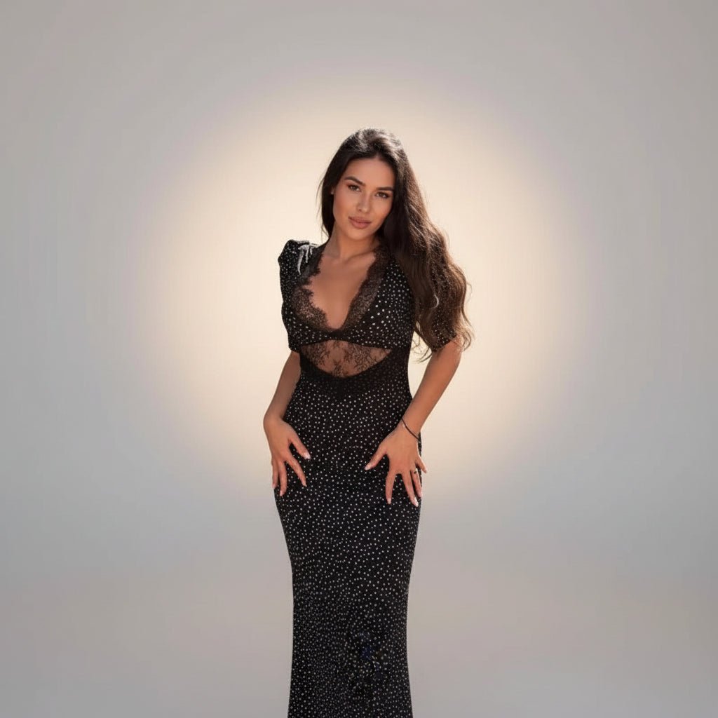Ella cocktail dress with sheer lace panels and modern silhouette. - GoSobiShop Boutique