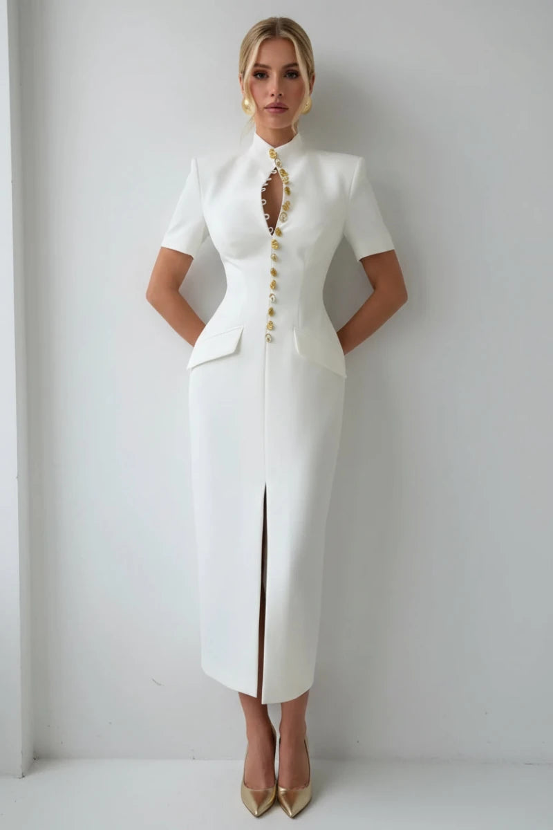 Floral midi dress features structured shoulders and a central button up closure reminiscent of former Blazer style. - GoSobiShop Boutique