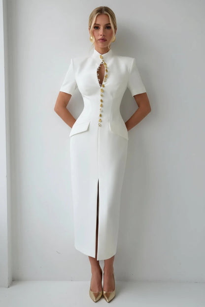 Floral midi dress features structured shoulders and a central button up closure reminiscent of former Blazer style. - GoSobiShop Boutique